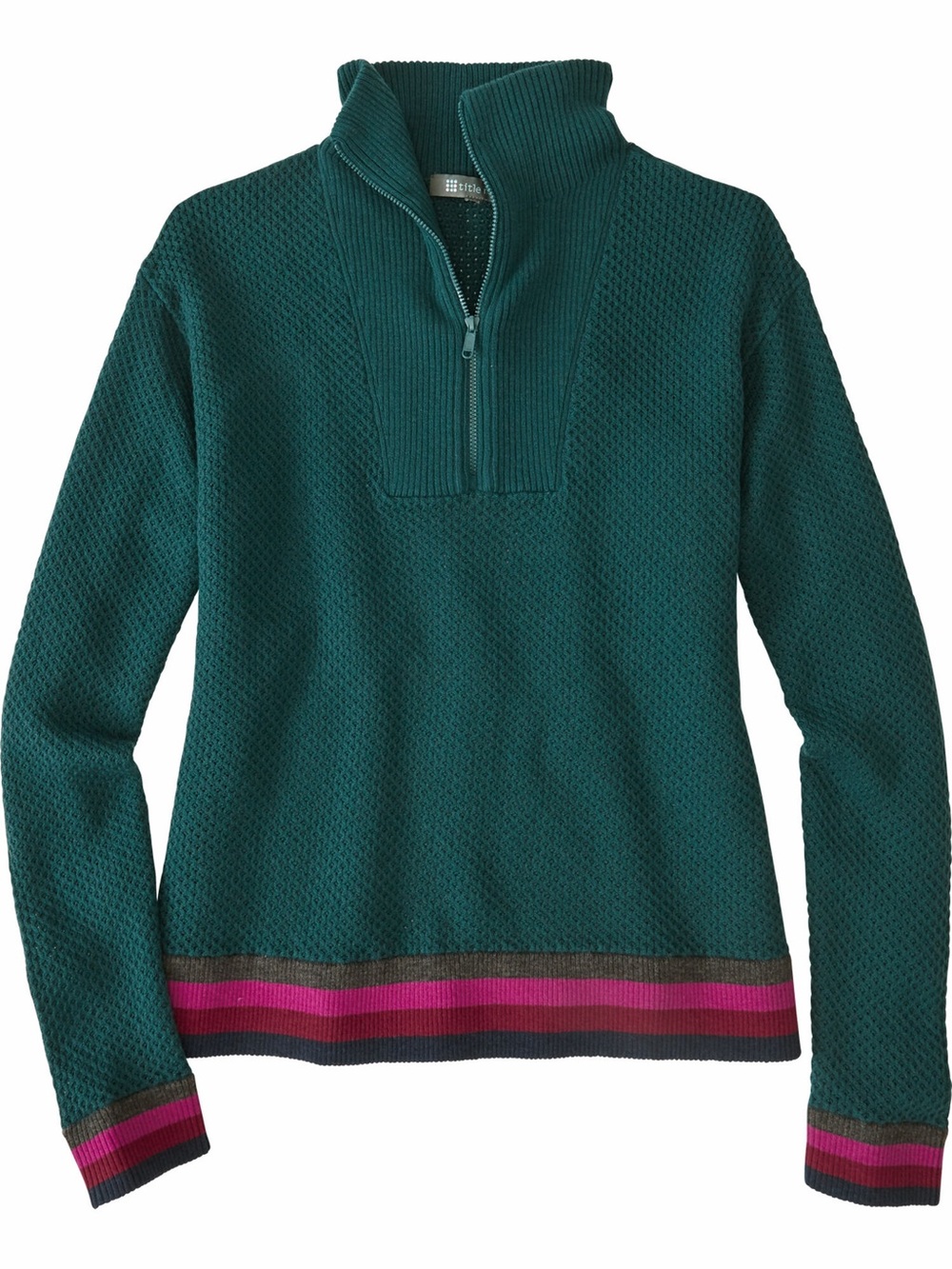 Title Nine Woolicious Waffle 1/4 Zip Sweater Medium Teal Stripe Merino Wool